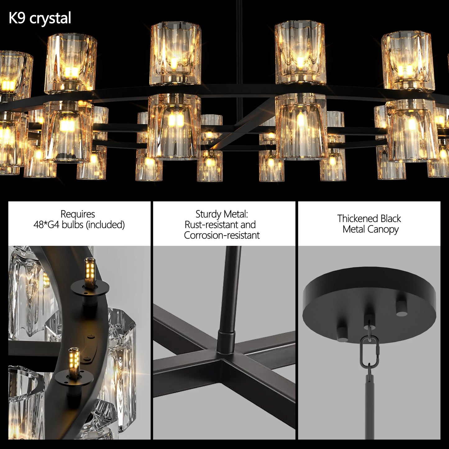 Modern 48 Inch Black Round Chandelier Crystal Wagon Wheel Pendant Light