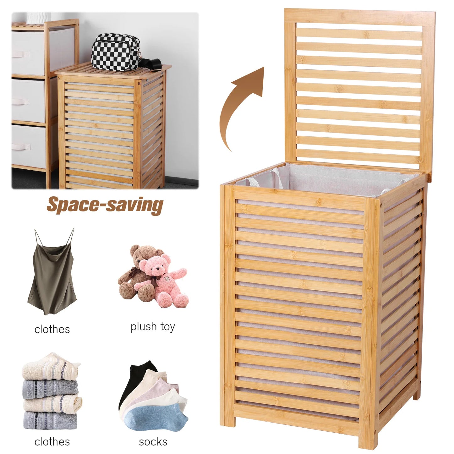 Bamboo Laundry Basket With Removable Liner Bag Large Capacity Utility Room