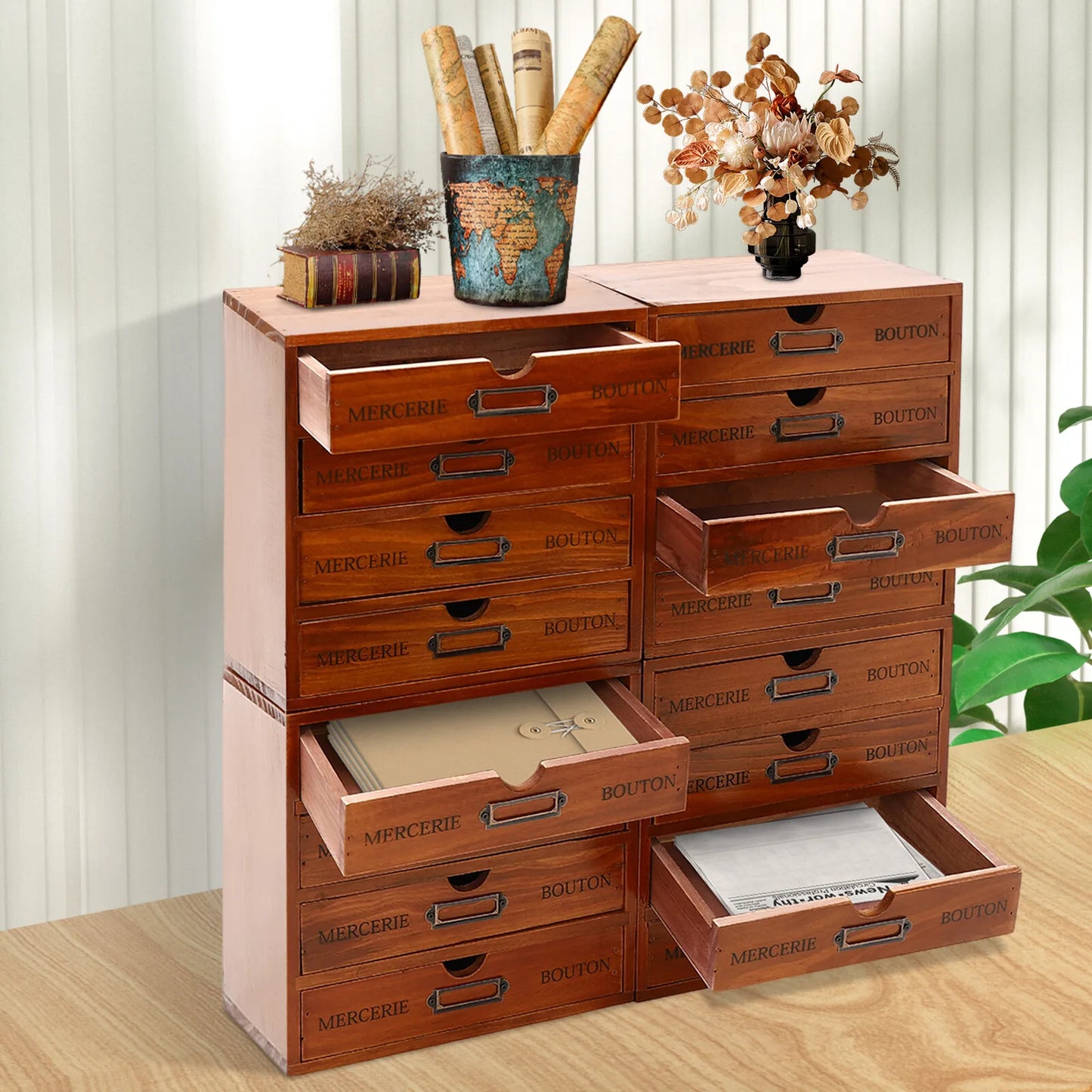 Four Tier Wooden Drawer Organizer Desktop with 16 Drawers Brown Storage Box