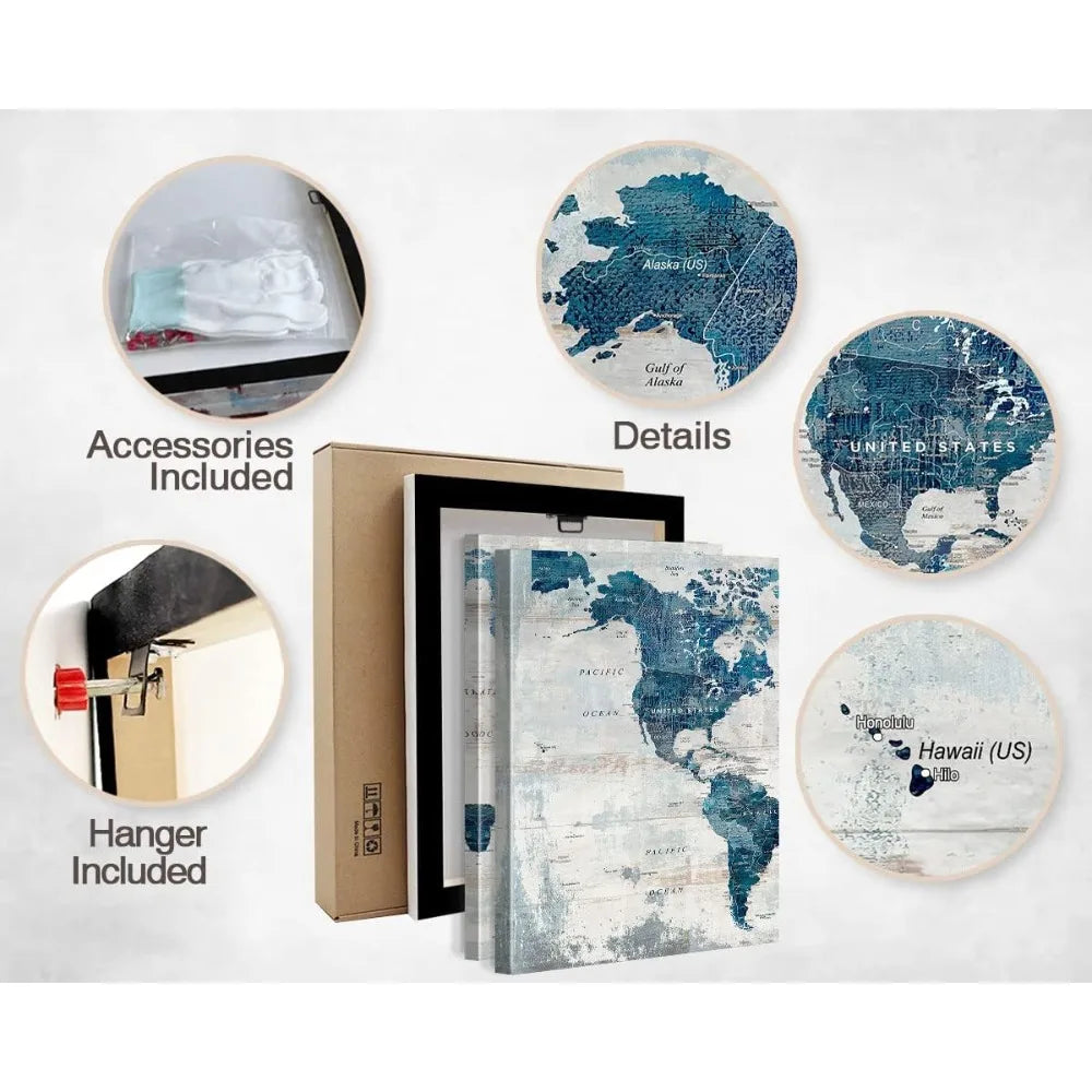 Three Piece Map Canvas Art Set For Living Room Blue Grey Wall Decor