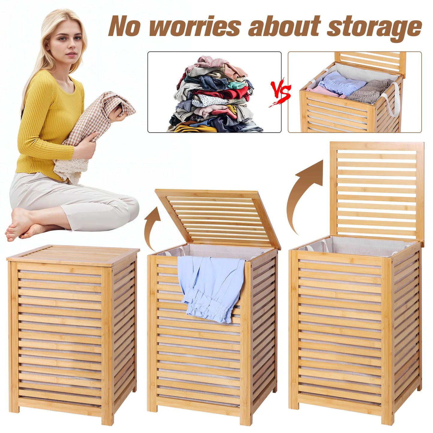 Bamboo Laundry Basket With Removable Liner Bag Large Capacity Utility Room