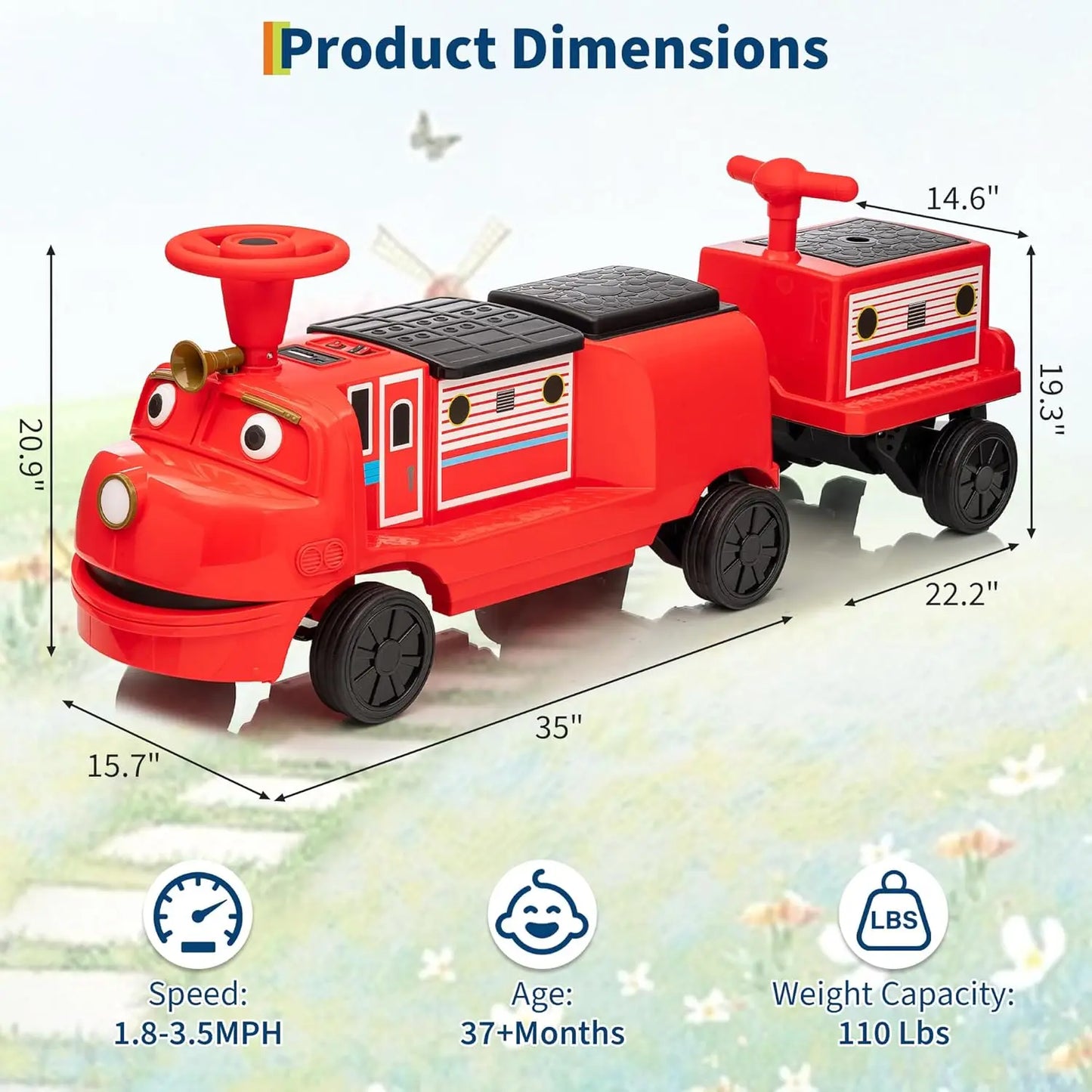 2 Seater 12V Trackless Ride On Train For Kids With Adjustable Seat And Storage