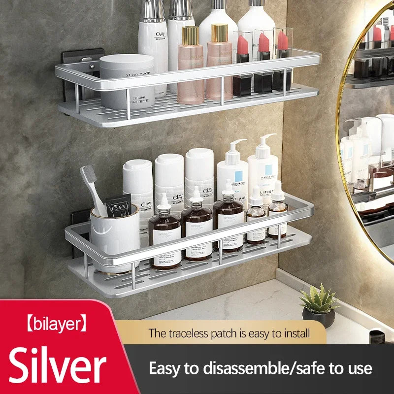 Double Tier Stainless Steel Anti-Rust Bathroom Shower Storage Rack with Suction Cups