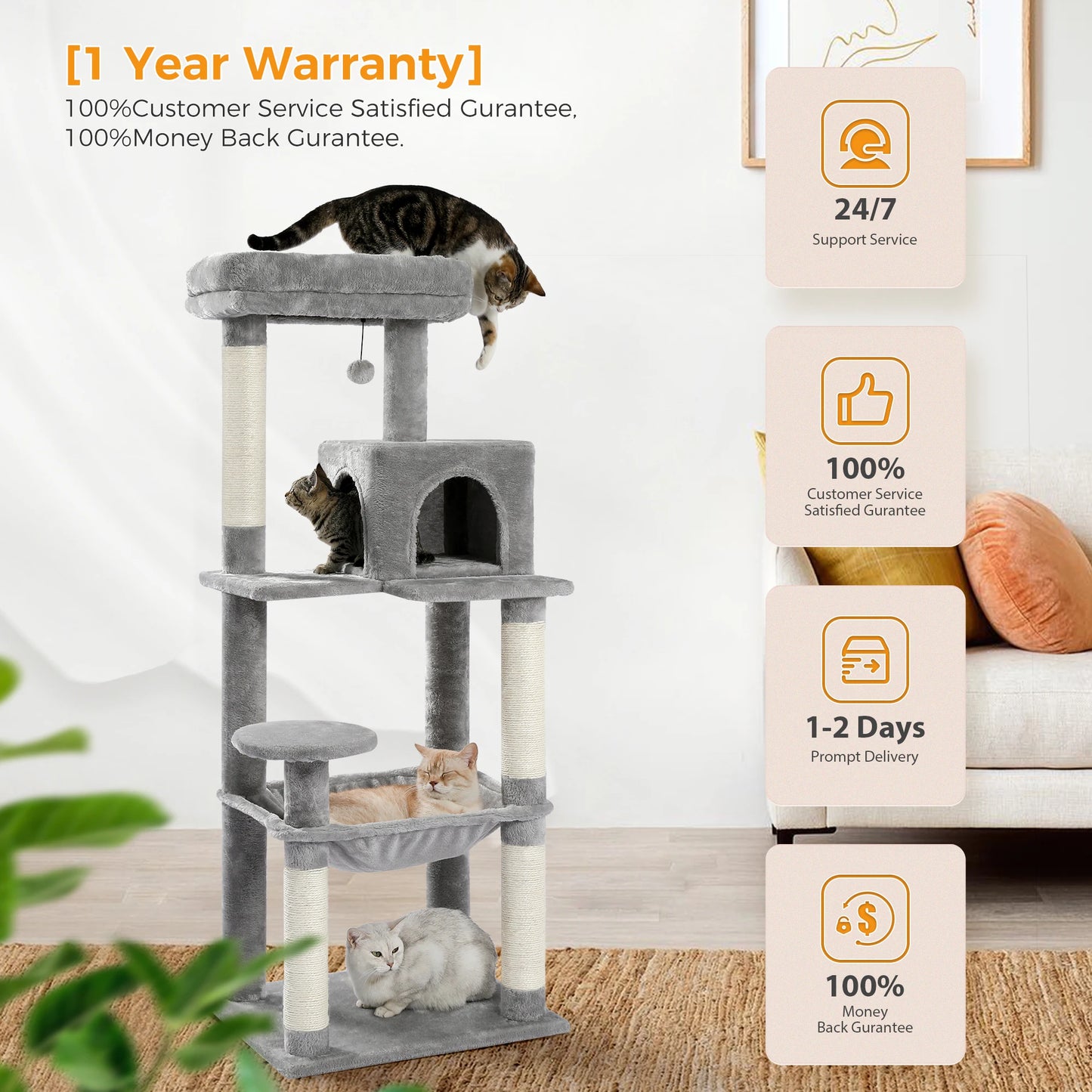 PAWZ Road 5 Level Cat Tree for Indoor Large Cats With Hammock and Sisal Posts