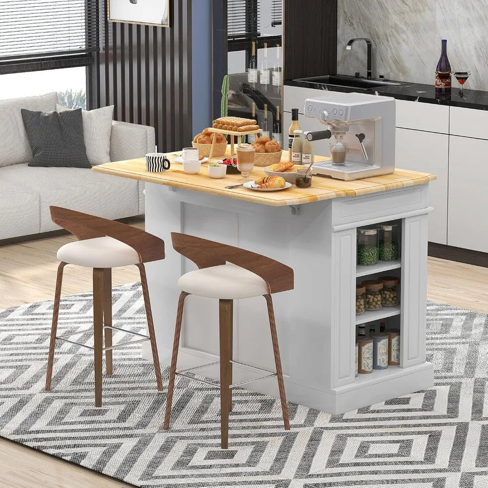 Kitchen Island With Drop Leaf Rubber Wood Top Storage Cabinet With 2 Drawers