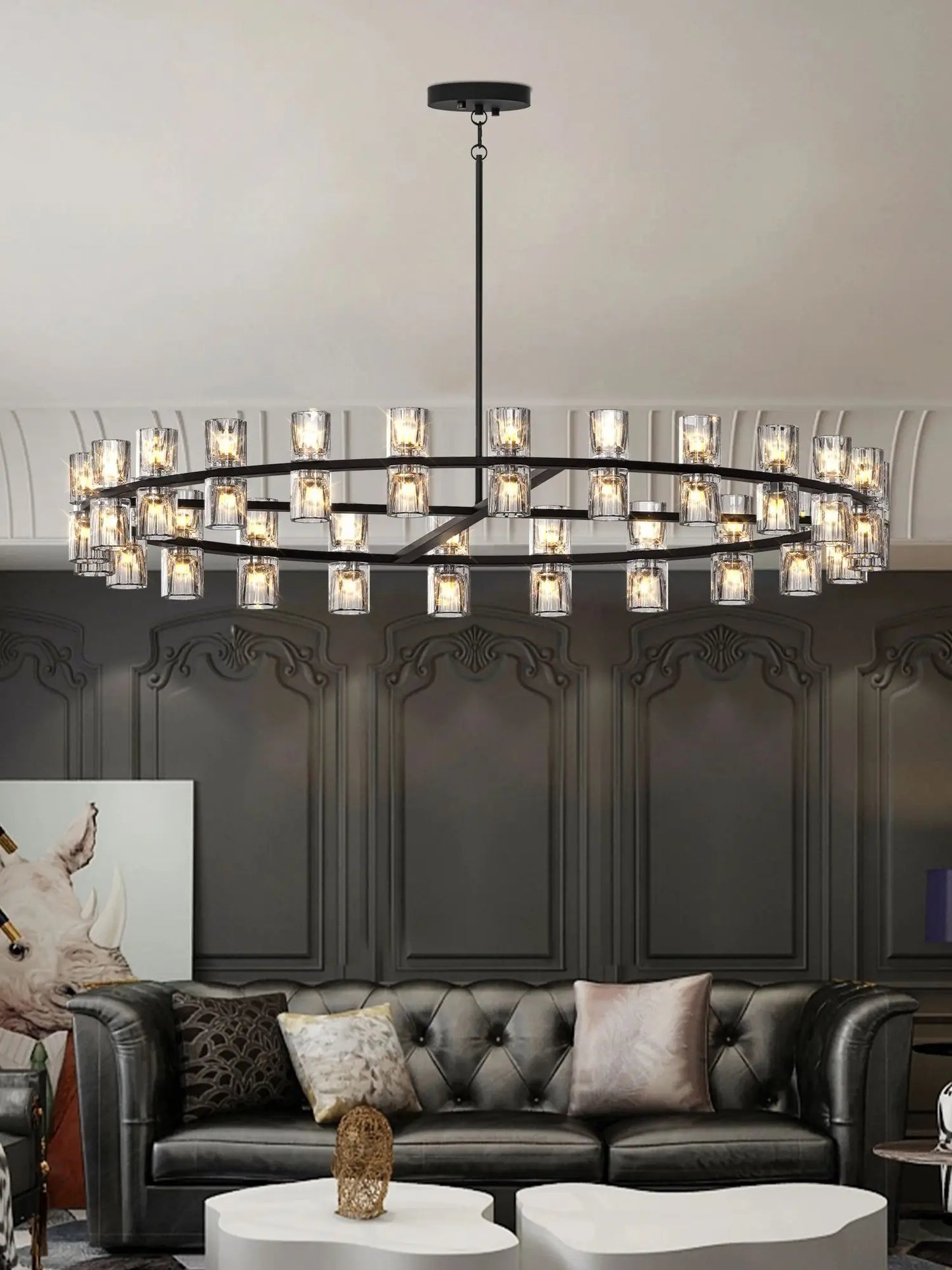 Modern 48 Inch Black Round Chandelier Crystal Wagon Wheel Pendant Light