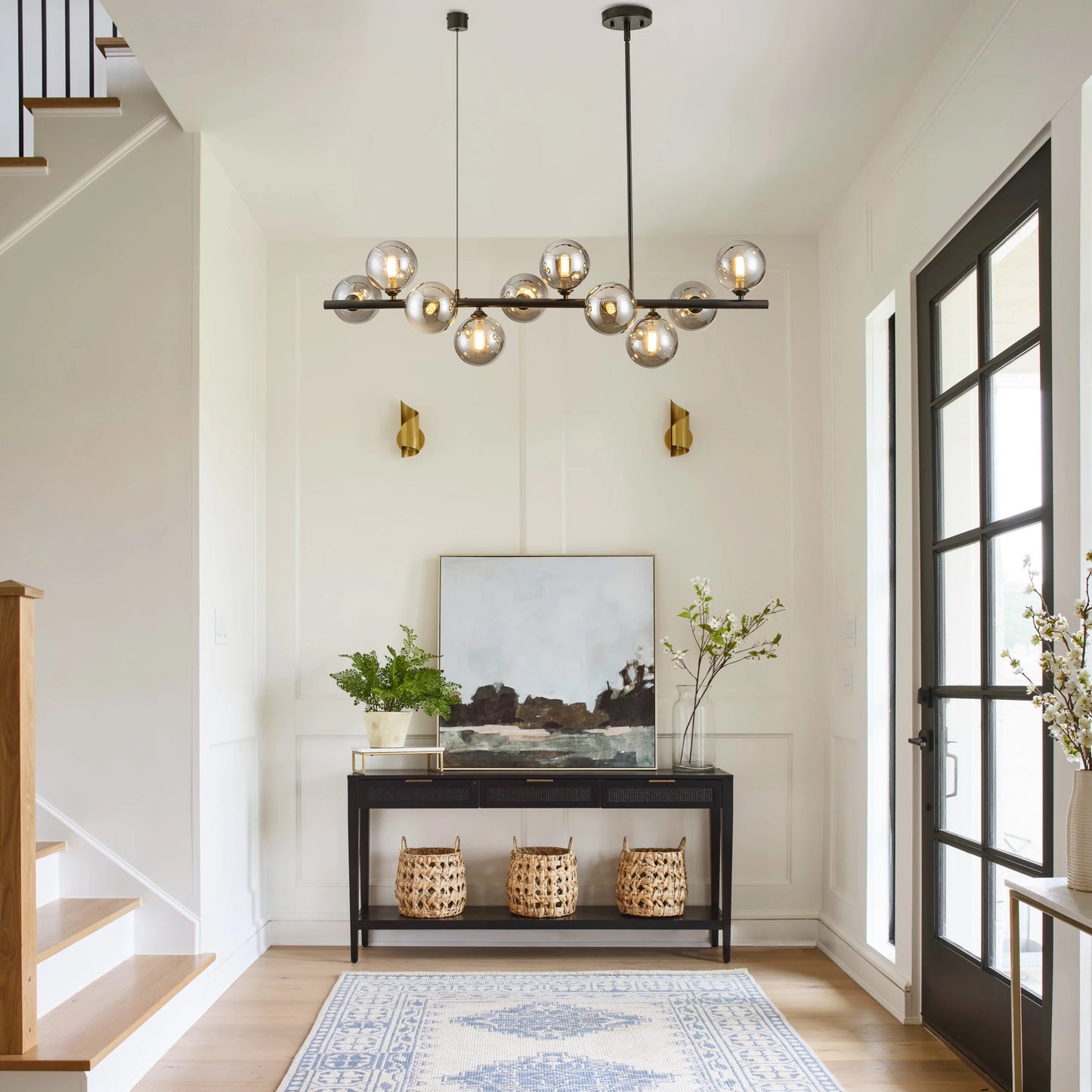 10 Light Matte Black Adjustable Chandelier Mid Century Smoked Globe Shades