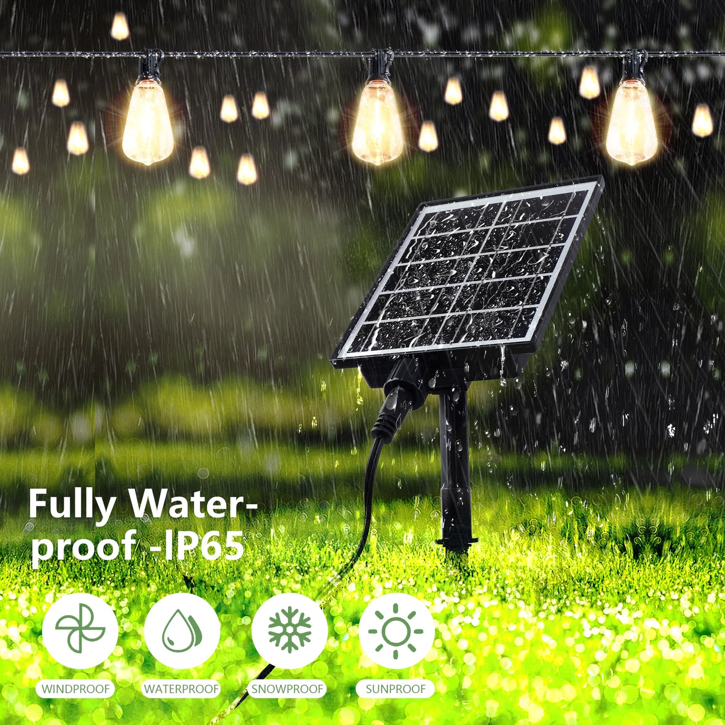 100Ft Solar Outdoor String Lights IP65 Waterproof With Replaceable Bulbs