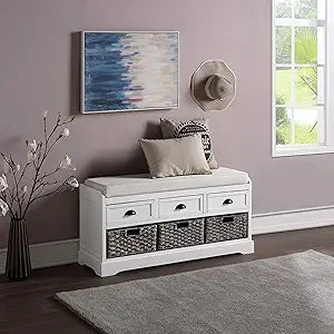 DAFIFY White Washed Wood Storage Bench With 3 Drawers And 3 Rattan Baskets