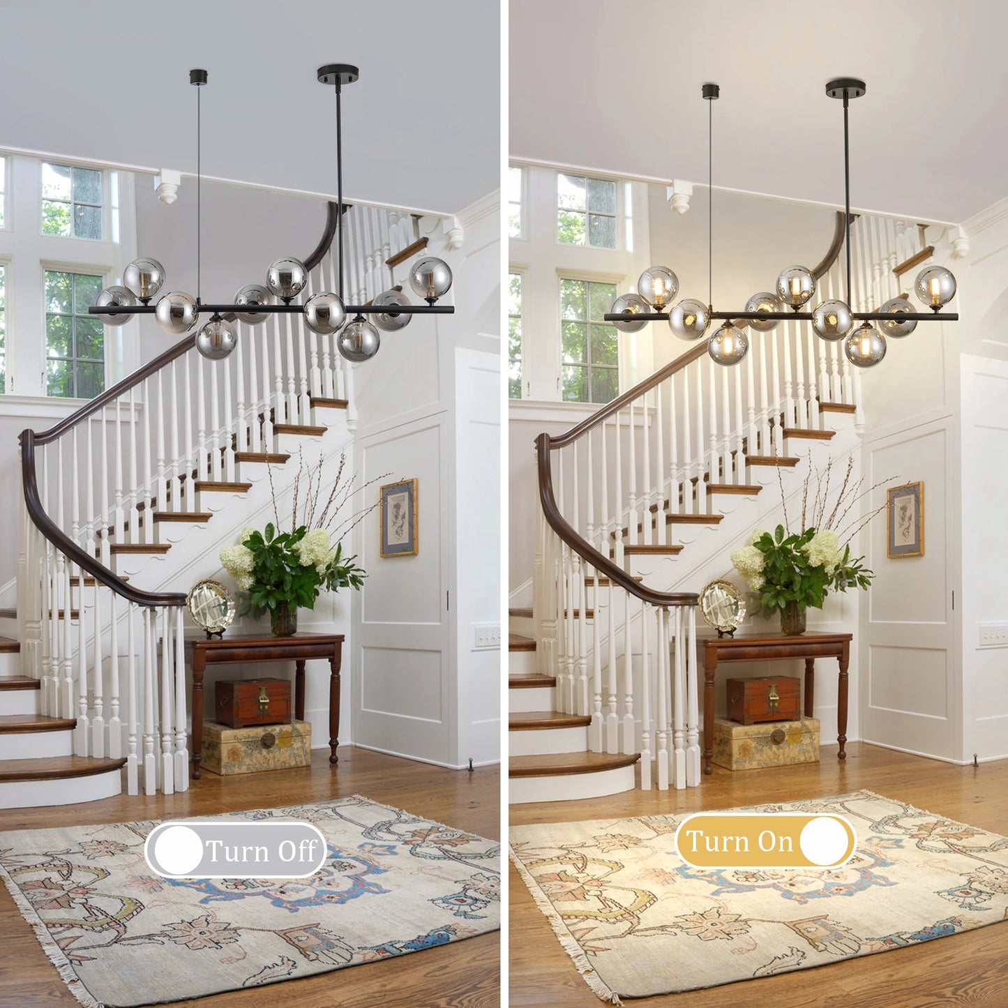 10 Light Matte Black Adjustable Chandelier Mid Century Smoked Globe Shades