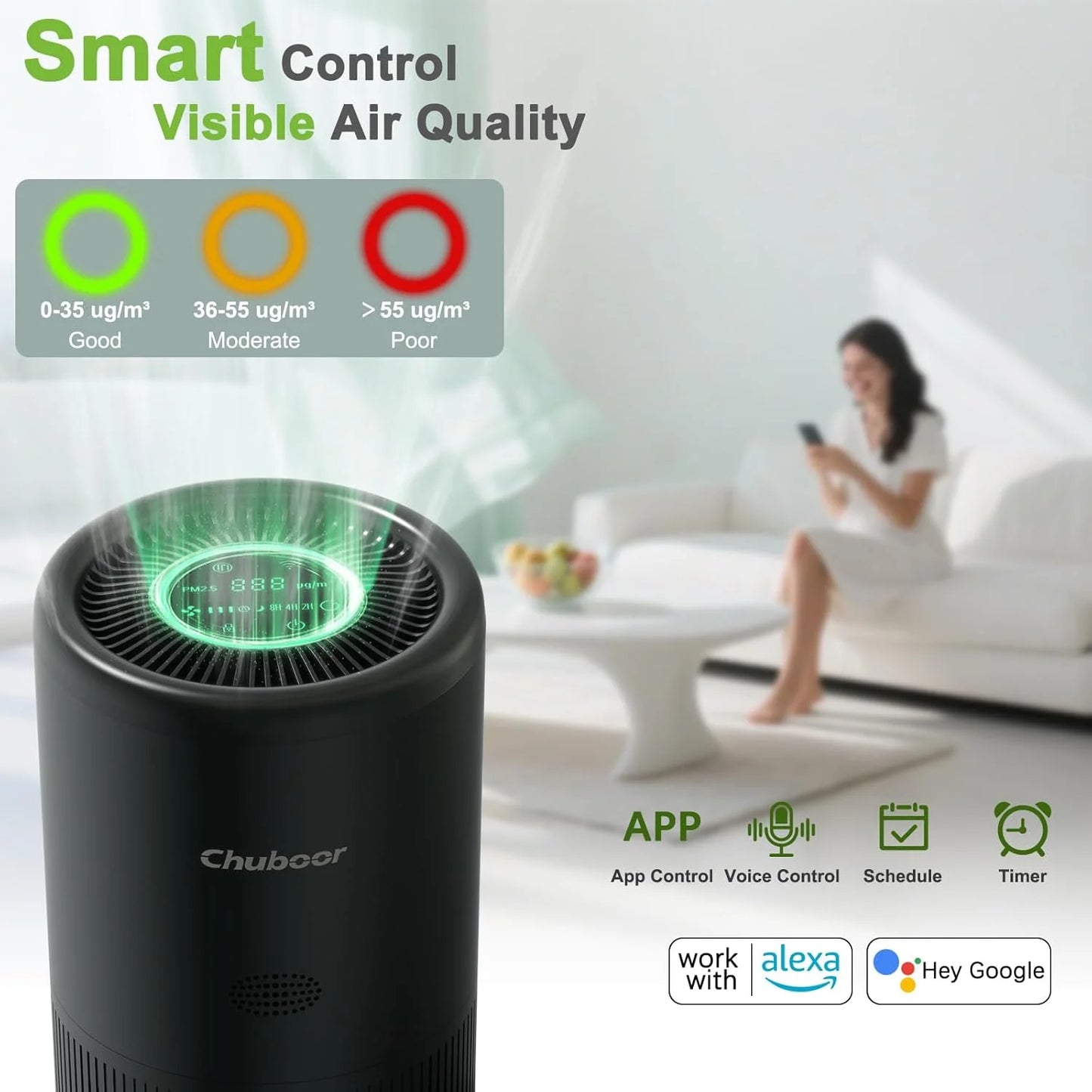 Chuboor Smart Air Purifier With App Alexa Control PM2.5 Monitor For Bedroom