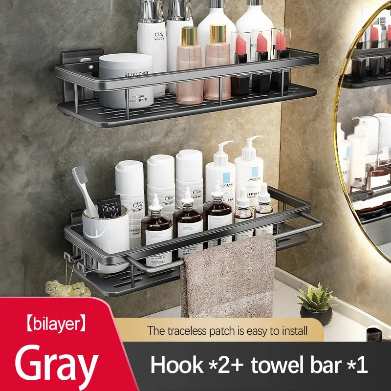Double Tier Stainless Steel Anti-Rust Bathroom Shower Storage Rack with Suction Cups
