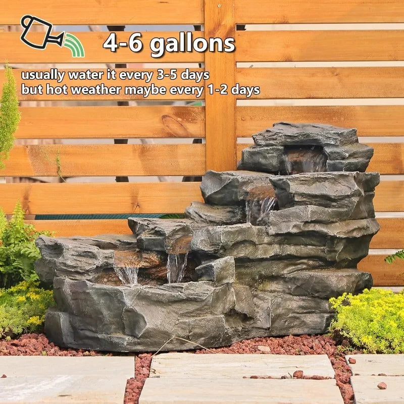 37 Inch Water Fountain Floor Standing 5 Tier Rock Waterfall LED Lights Patio