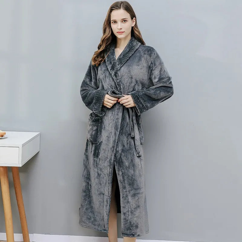 Winter Warm Thick Long Coral Velvet Bathrobe For Adults Women Men