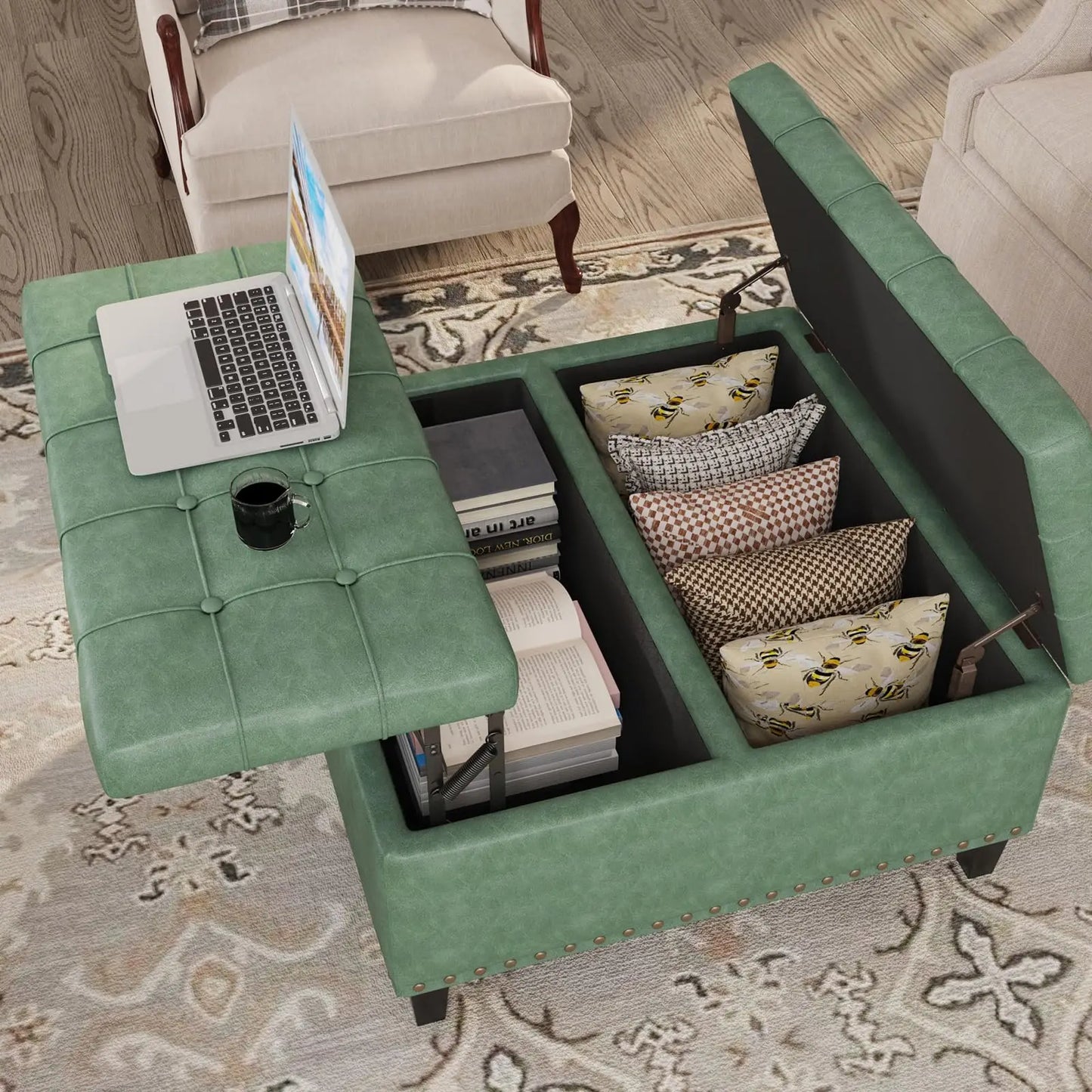 Vabches Square Ottoman Storage Bench Lift Top Faux Leather Footrest