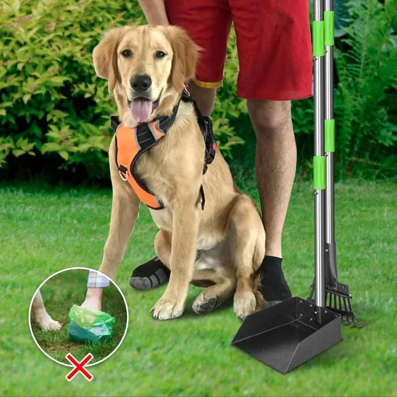 Dog Poop Scoop With Long Handle Stainless Steel Tray And Rake For Medium Dogs