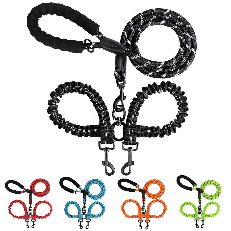 Double Dog Leash Coupler Elastic Rope Nylon Leash for Two Dogs
