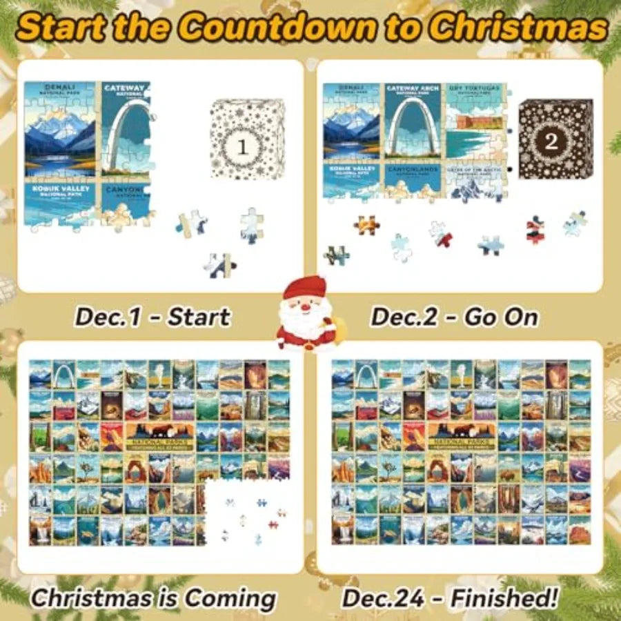 National Park Puzzle Advent Calendar 2025 for Adults and Teens: 1008Piece Countdown to Christmas with 63 Travel Poster Landscap