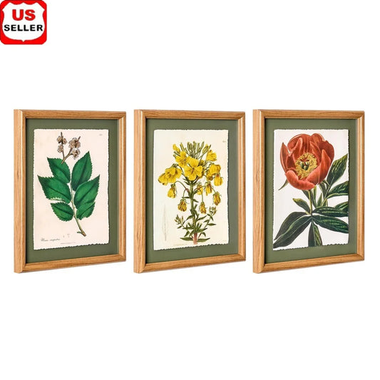 Framed Vintage Floral Art 3 Piece Set Yellow Peony Prints For Living Room