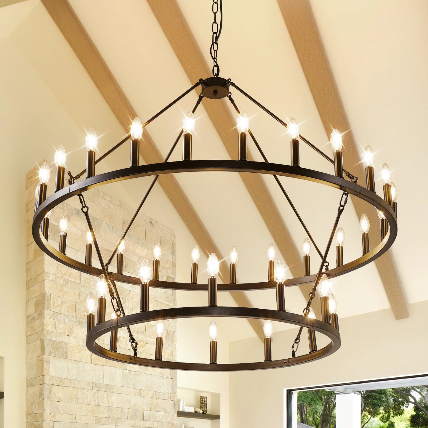 47 Inch Wagon Wheel Chandelier 2 Tier 36 Lights Farmhouse Pendant Dimmable