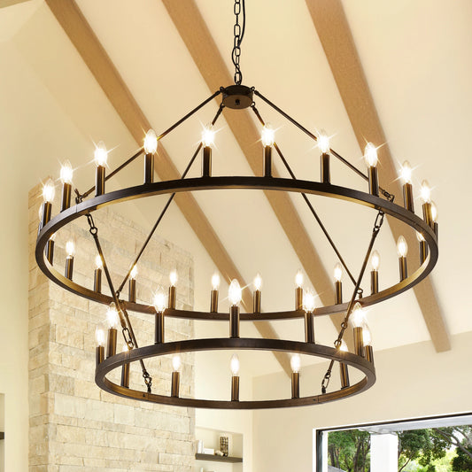 47 Inch Wagon Wheel Chandelier 2 Tier 36 Lights Farmhouse Pendant Dimmable