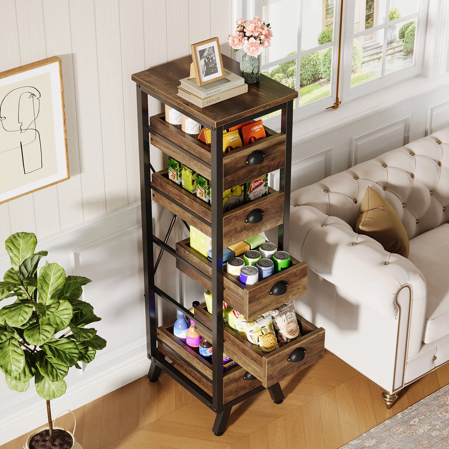 Tribesigns 5-Tier Wood Fruit and Vegetable Storage Rack Narrow Kitchen Stand