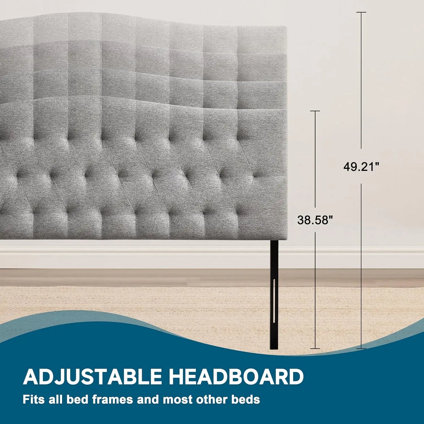 Adjustable Height King Headboard Diamond Tufted Linen Upholstered Light Gray