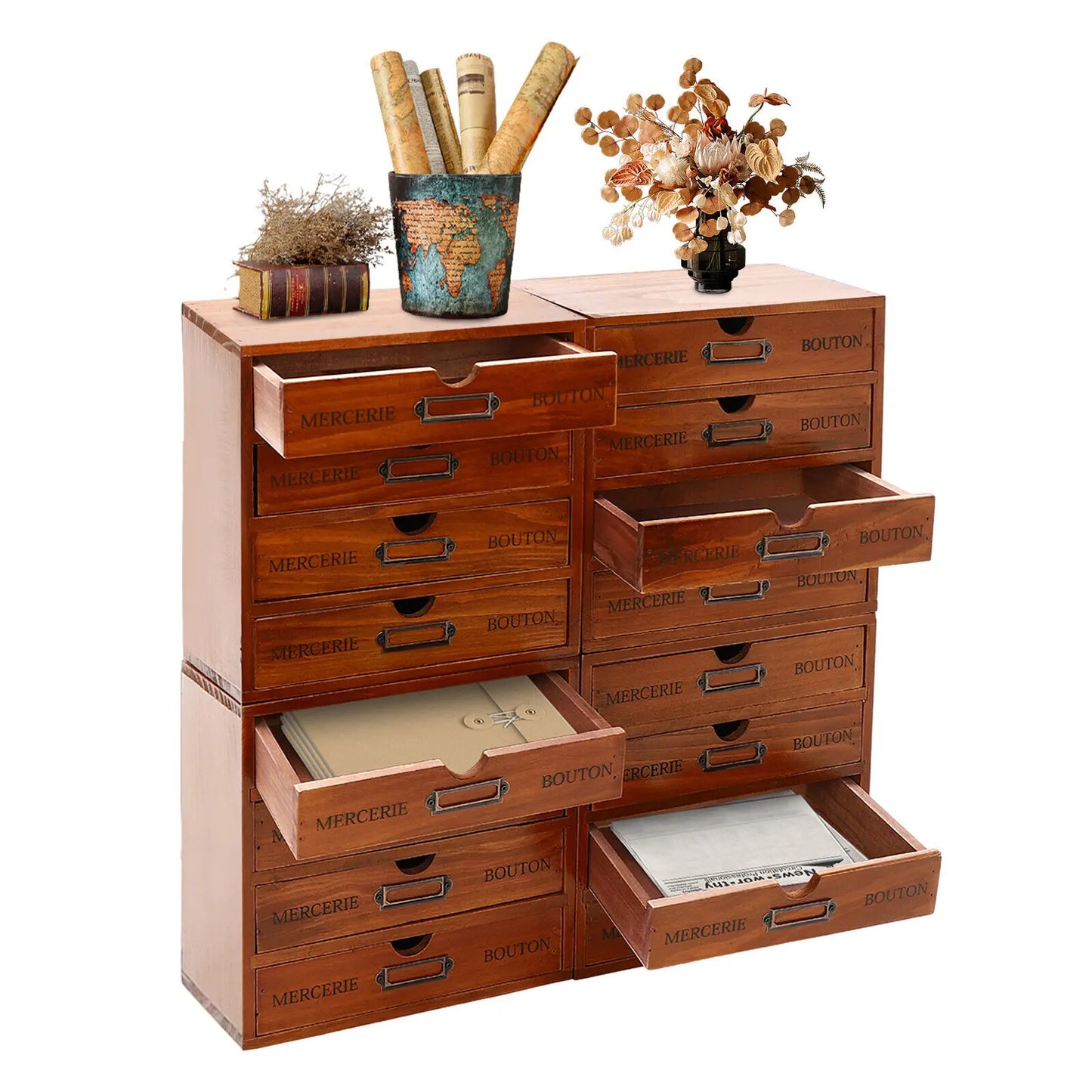 Four Tier Wooden Drawer Organizer Desktop with 16 Drawers Brown Storage Box