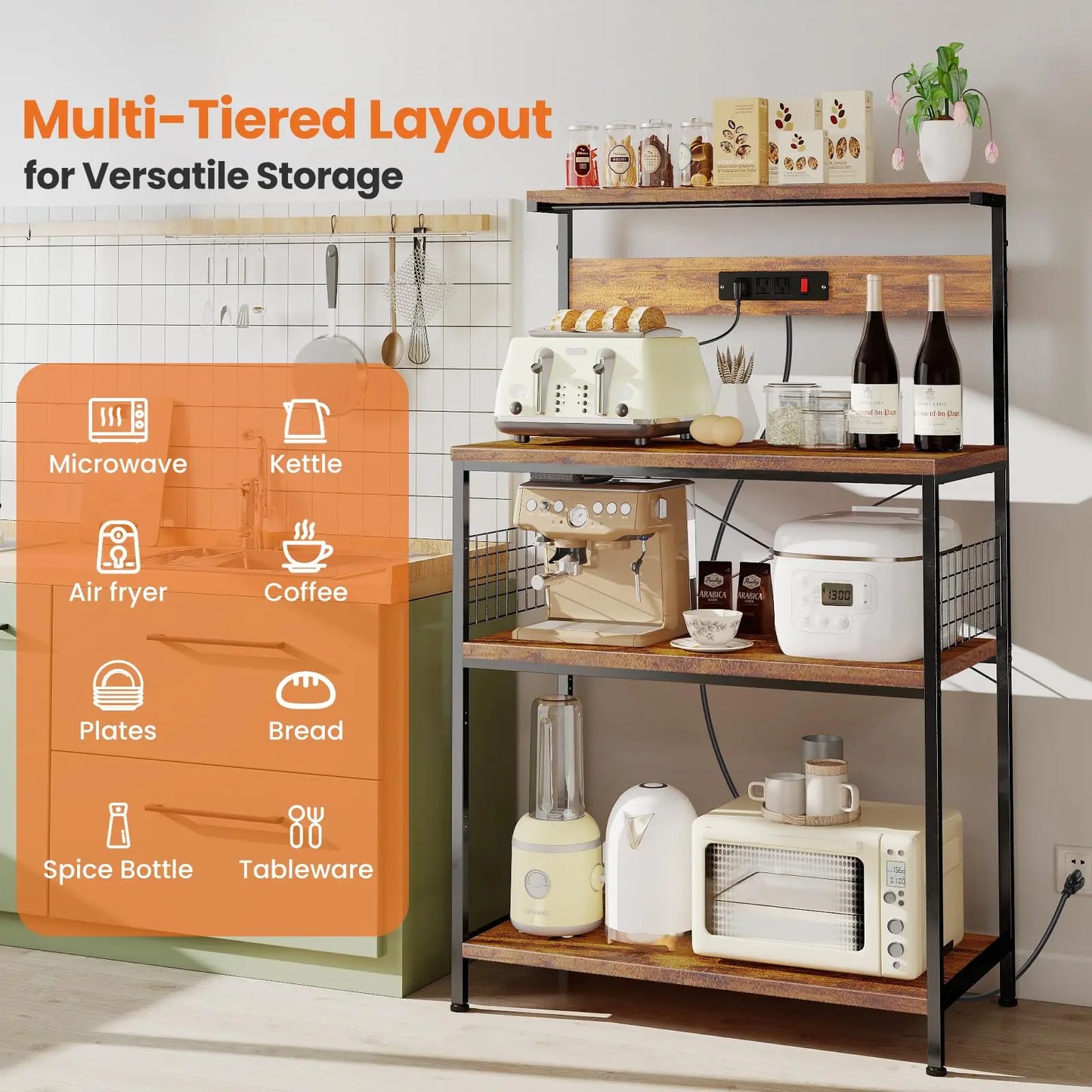 JHK 31.5 Inch Kitchen Bakers Rack Power Outlet And Microwave Oven Stand