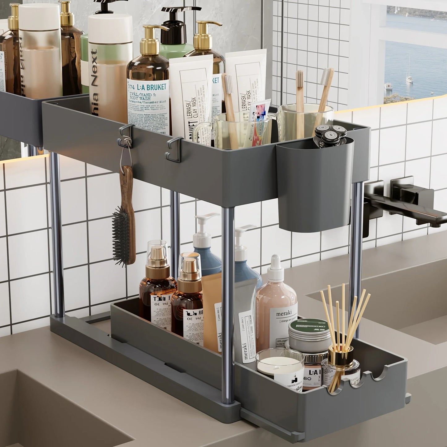 Two Pieces Two Tier Sliding Cabinet Organizer Pull Out Under Sink Rack Storage