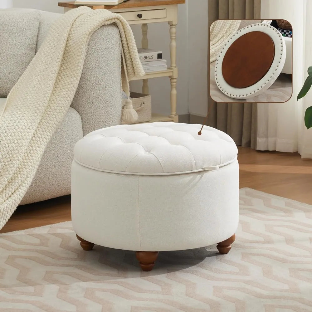 24 Inch Round Storage Ottoman With Removable Tray Tufted Fabric Coffee Table