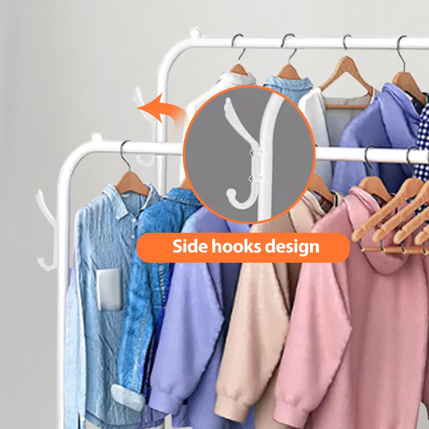 Double Rod Clothing Rack With Shelves On Wheels Metal Garment Organizer