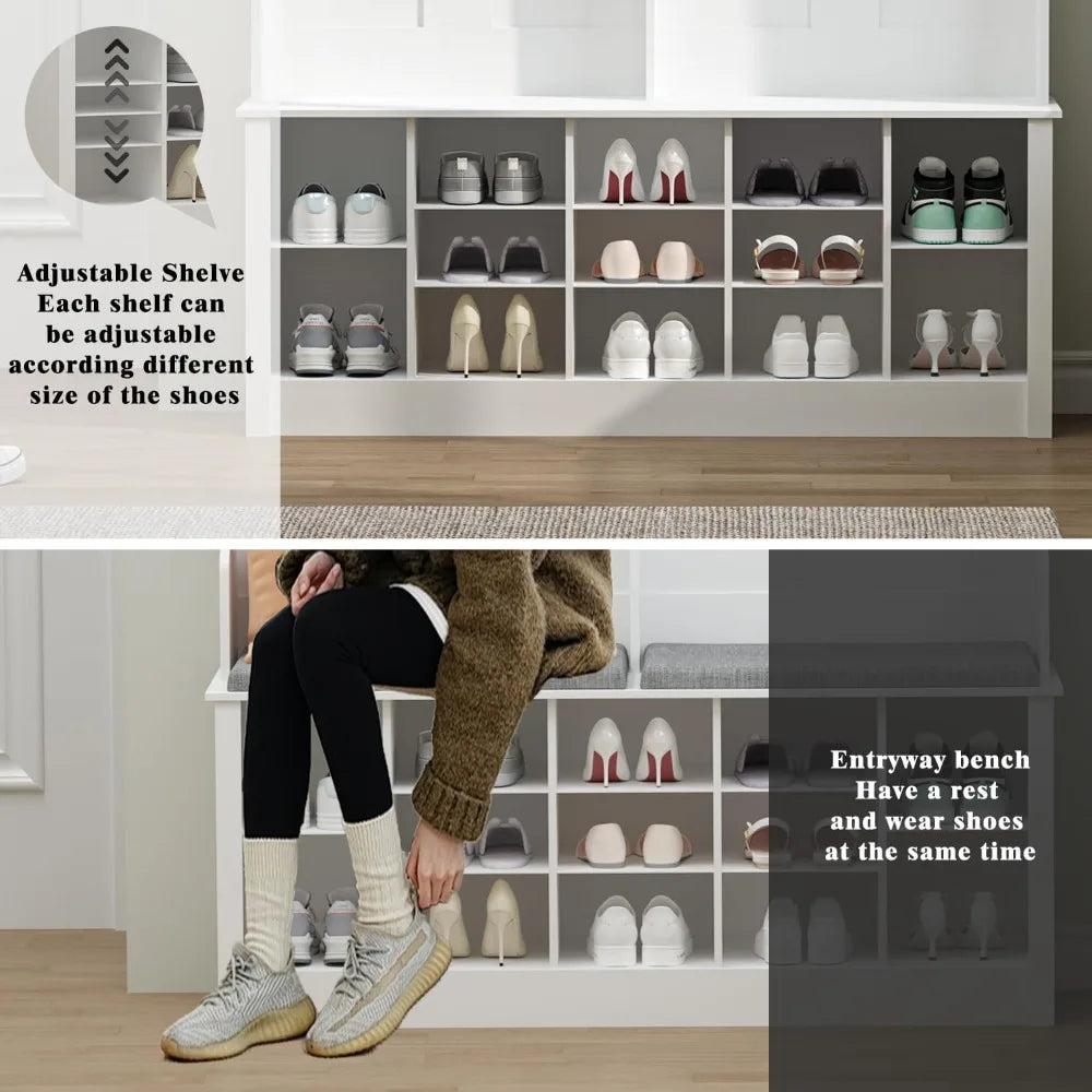 Hanger with Bench and Shoe Cabinet, 53 Storage Boxes with Hangers, 6 Hooks, 12 Shoe Cabinets