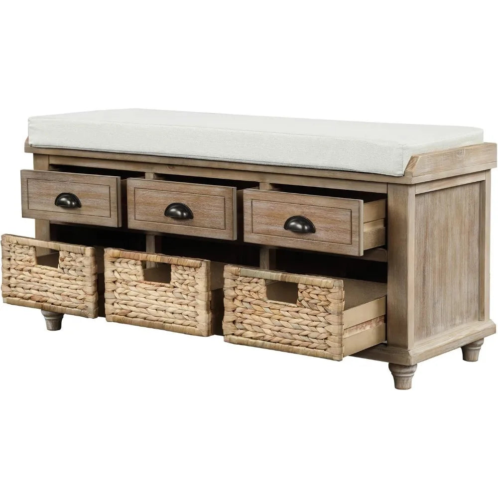 DAFIFY White Washed Wood Storage Bench With 3 Drawers And 3 Rattan Baskets