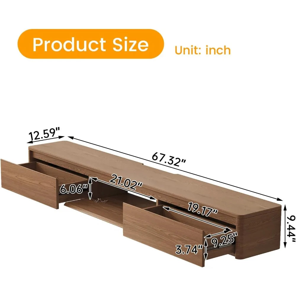 Walnut Modern Minimalist Wall Mounted TV Stand With 3 Drawers