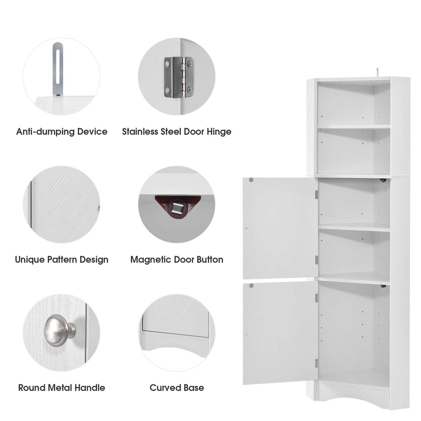 Bathroom Tall Corner Cabinet Freestanding With Doors And Adjustable Shelves