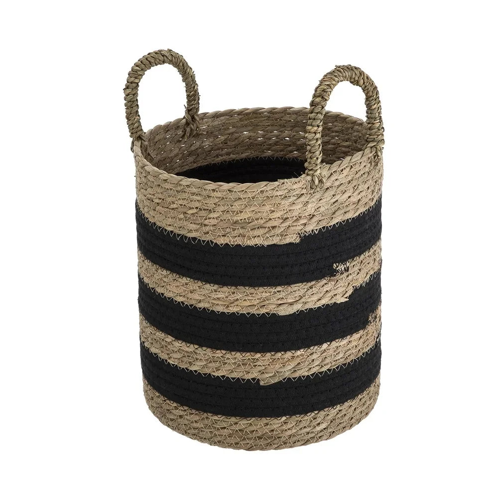 Two Pack Handcrafted Rush Baskets With Handles Decorative Round Storage Bins