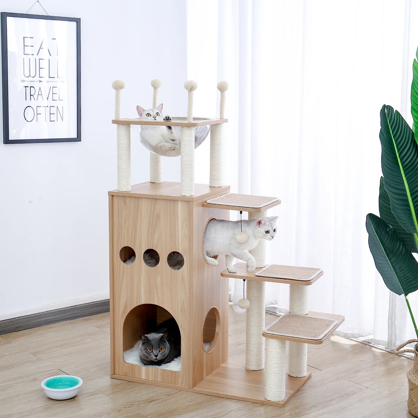 Multi Level Cat Tree Indoor Wood Cat Tower With Scratching Posts And Hammock