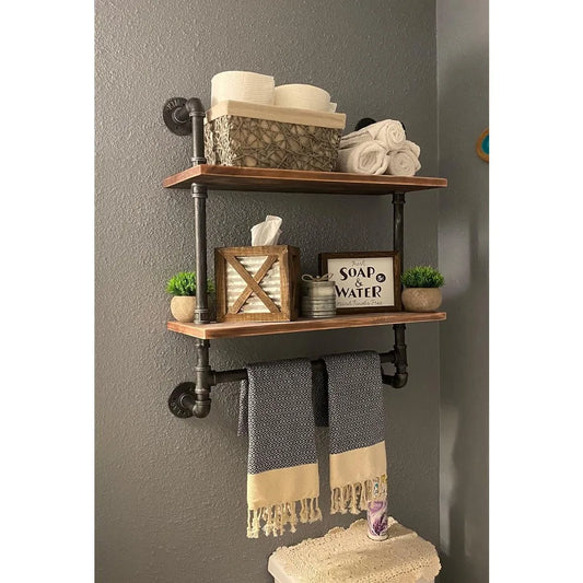 Industrial Pipe Style Wall Mounted Floating Shelves Triple Tier With Towel Rack