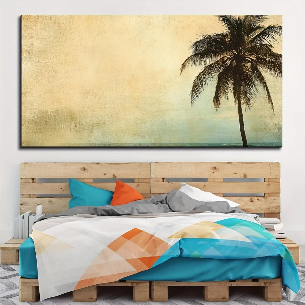 1.5 inch thick pine solid wood frame, golden ocean beach palm tree, sunset landscape coconut tree, landscape painting poster