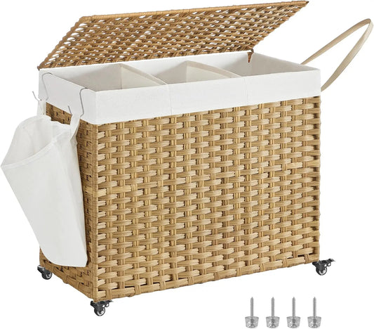 Large Rolling Laundry Basket With Lid 3 Section Organizer Wheels Natural Rattan