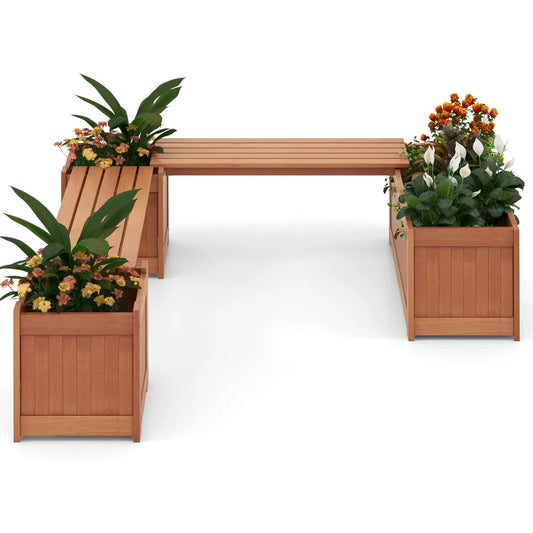 Ticify 3-In-1 Outdoor Teak Bench With Raised Bed And Planter Boxes