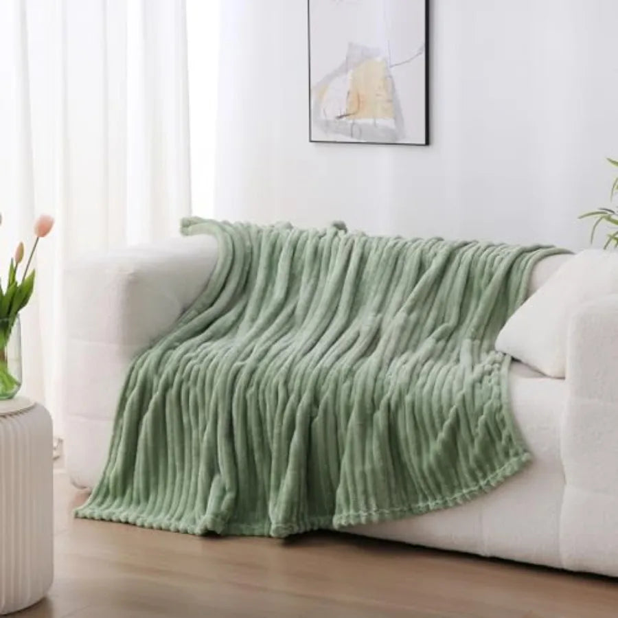 Sage Green Fleece Throw Blanket Striped 50x60 For Couch Sofa Bed Super Soft