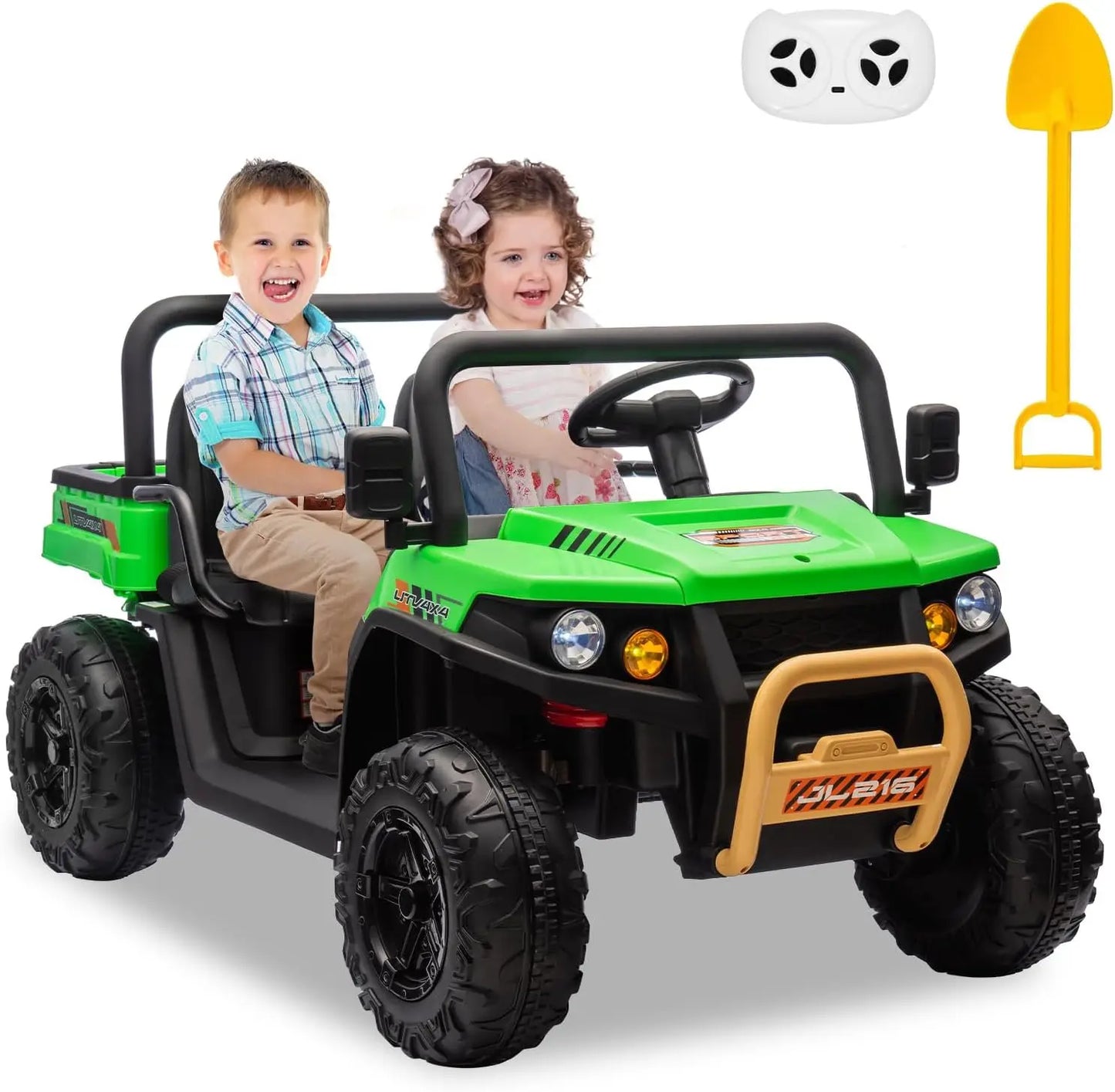 24V Two Seater Ride On Dump Truck With Remote 4WD LED Lights Music