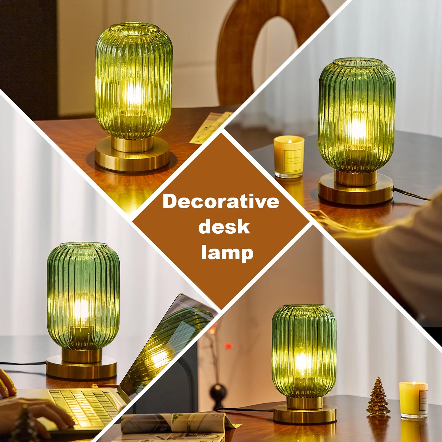 HSMKL Modern Ribbed Glass Table Lamp Bedside Light Plug In For Bedroom