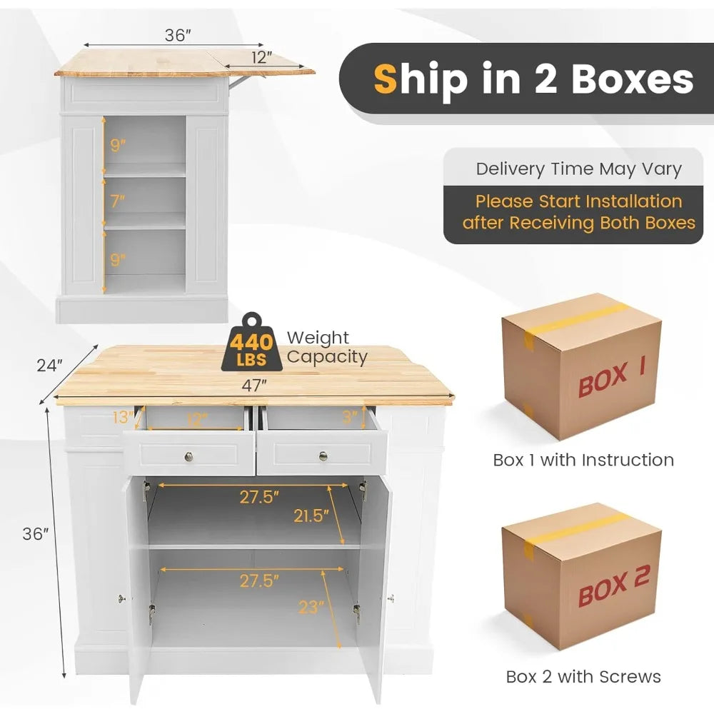 Kitchen Island With Drop Leaf Rubber Wood Top Storage Cabinet With 2 Drawers