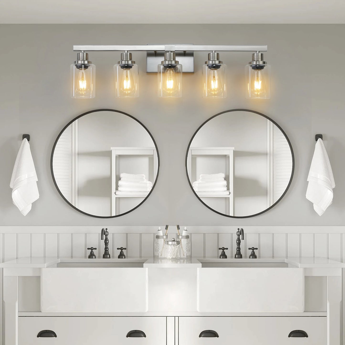 Modern Industrial Bathroom Vanity Light Five Light Sconce Clear Glass Lampshades