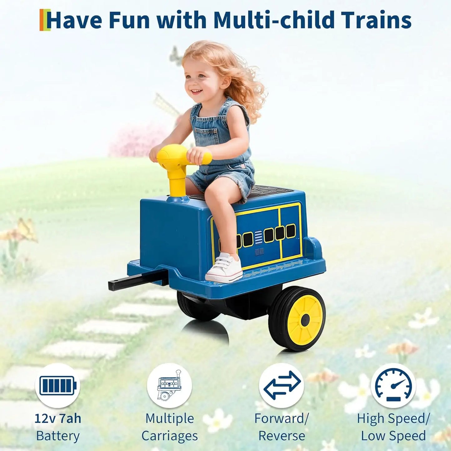 2 Seater 12V Trackless Ride On Train For Kids With Adjustable Seat And Storage