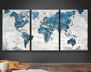 Three Piece Map Canvas Art Set For Living Room Blue Grey Wall Decor