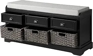 DAFIFY White Washed Wood Storage Bench With 3 Drawers And 3 Rattan Baskets